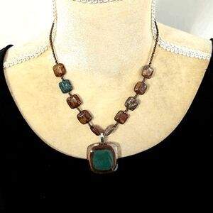 Natural tones art glass square pendant beaded cord 18"